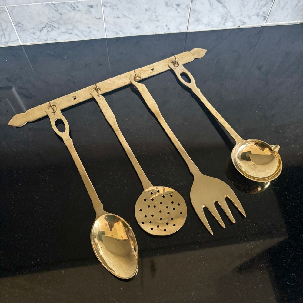 Vintage French Country Style Brass Kitchen Utensils with Hanging Bar 5 Piece Set